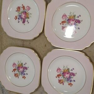 Set 4 old ivory pink floral Syracuse dessert plates gold trim cottagecore shabby